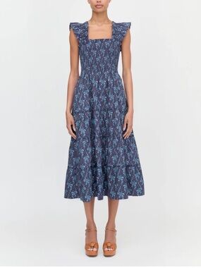 Hill House Navy Blue Floral Smocked Midi Dress